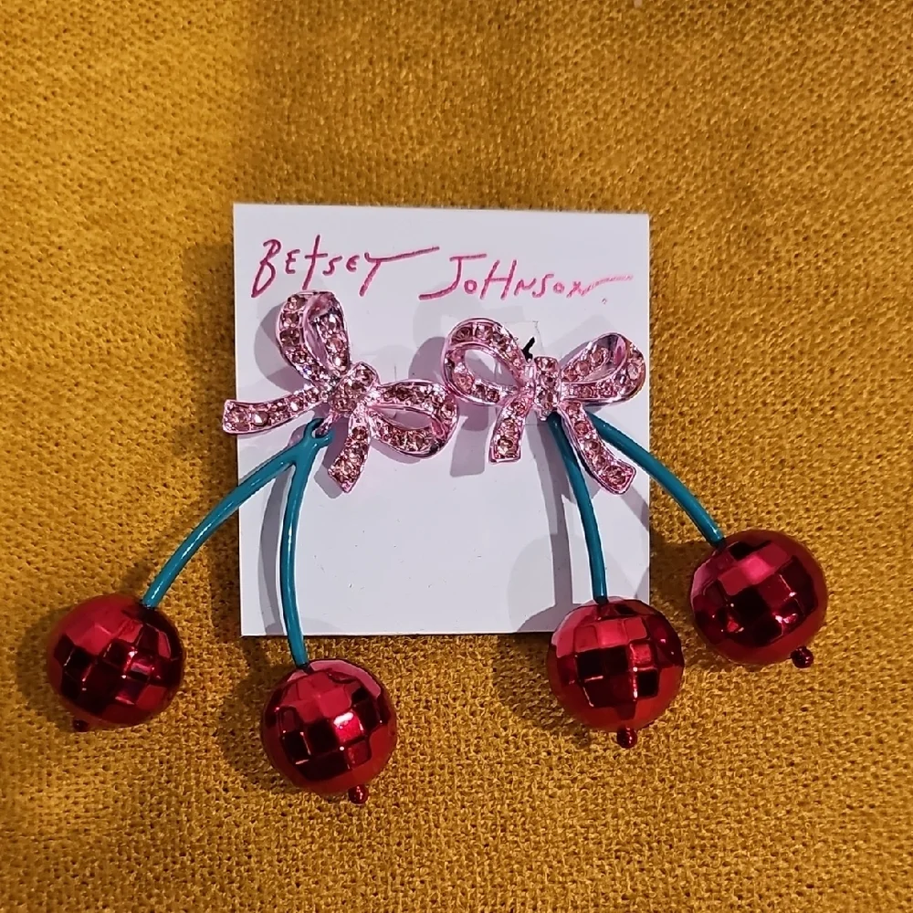 Betsey Johnson Pink Bow and Red Cherry Dangle Earrings NWT MSRP $45 - Picture 3 of 3